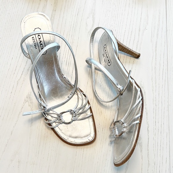 Coach Shoes - Coach Lanie Strappy Leather Heeled Sandals Silver size 11 Made in Italy